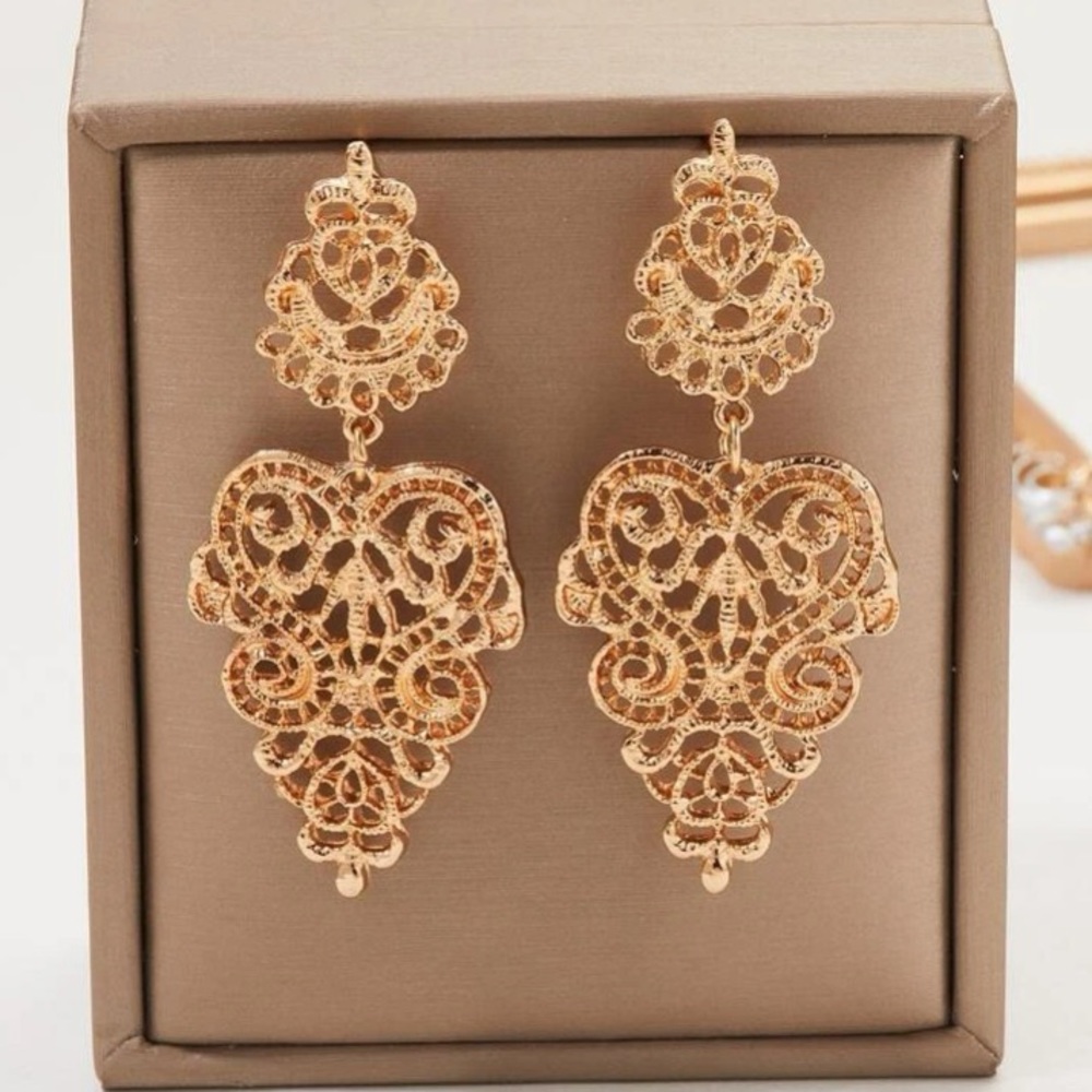 Lacy Glam Baroque GoddessWear Filigree & Scroll Gilded Gold Statement Ea… - Picture 7 of 9